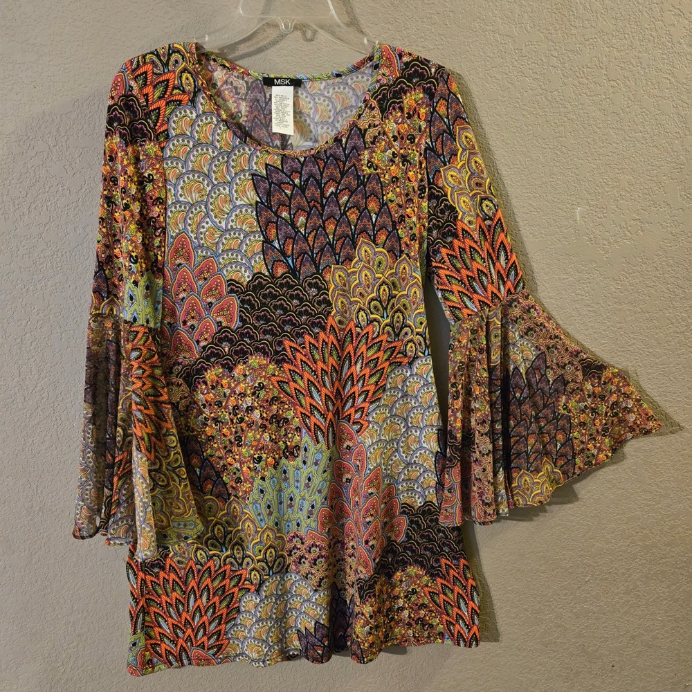 MSK Bell Sleeve Tunic Women S Multicolor Excellent Paisley Peacock Print Top